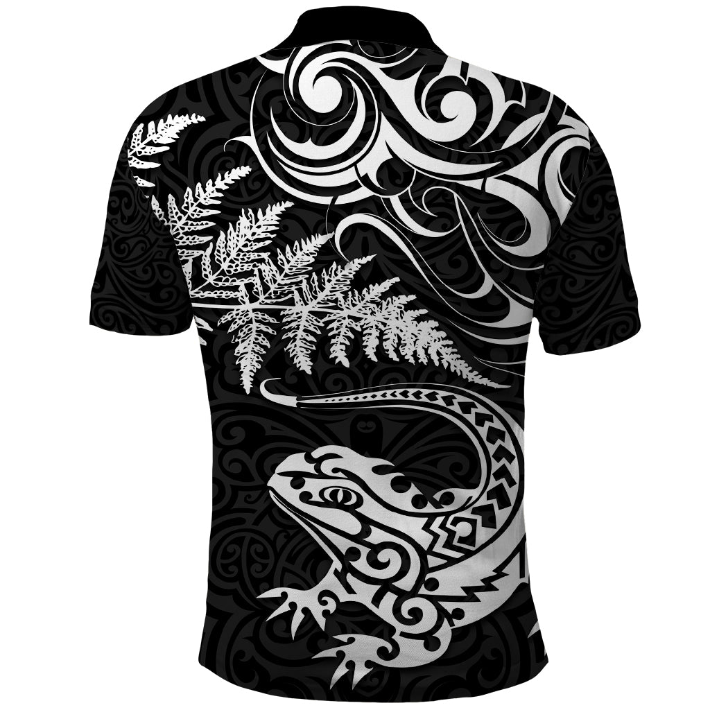 New Zealand Tuatara Tribal Tattoo Polo Shirt Silver Fern and Maori Pattern Black Color LT03 - Polynesian Pride