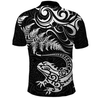 New Zealand Tuatara Tribal Tattoo Polo Shirt Silver Fern and Maori Pattern Black Color LT03 - Polynesian Pride