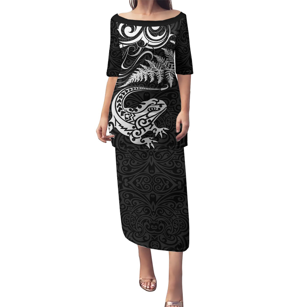 New Zealand Tuatara Tribal Tattoo Puletasi Silver Fern and Maori Pattern Black Color LT03 Long Dress Black - Polynesian Pride