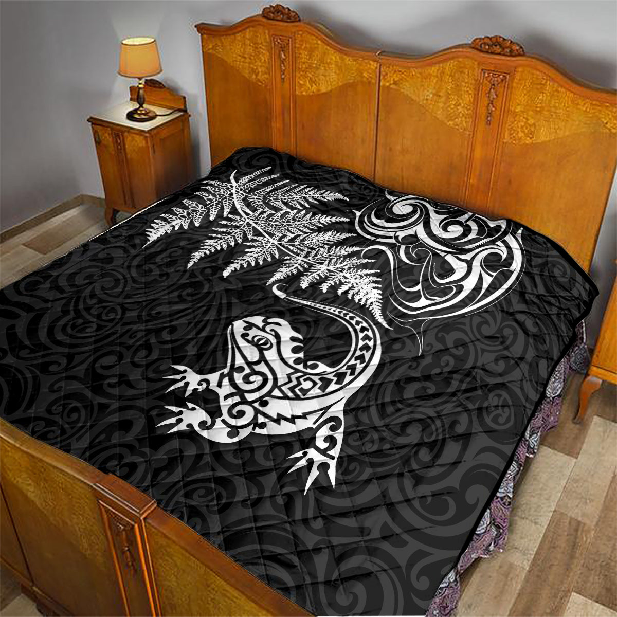 New Zealand Tuatara Tribal Tattoo Quilt Silver Fern and Maori Pattern Black Color LT03 - Polynesian Pride