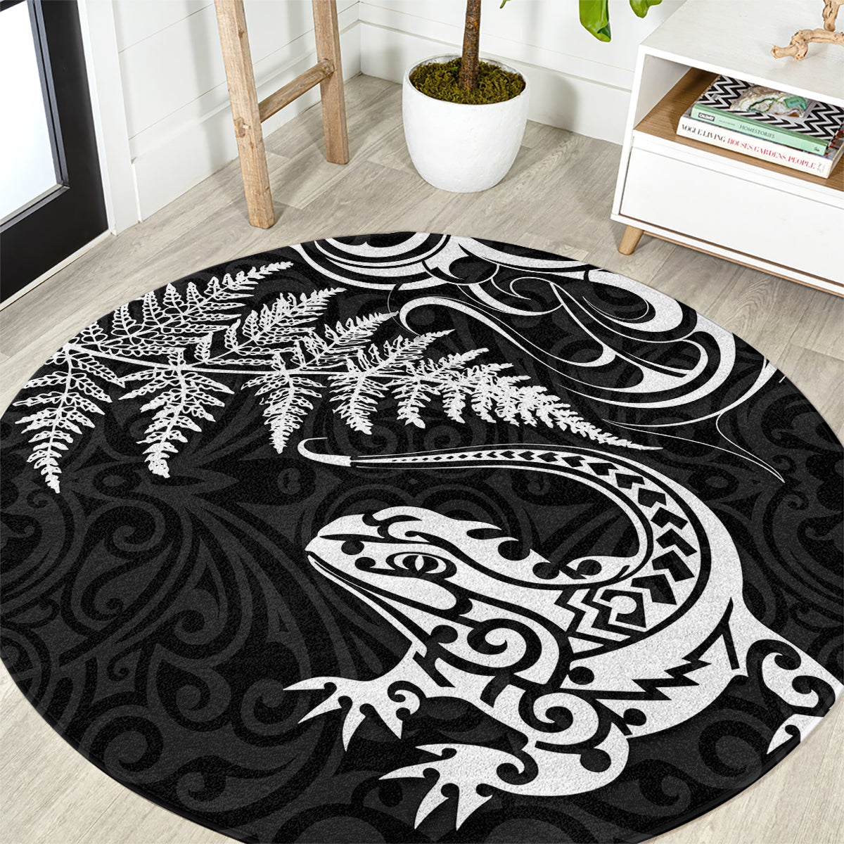 New Zealand Tuatara Tribal Tattoo Round Carpet Silver Fern and Maori Pattern Black Color LT03 Black - Polynesian Pride
