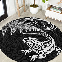 New Zealand Tuatara Tribal Tattoo Round Carpet Silver Fern and Maori Pattern Black Color LT03 Black - Polynesian Pride