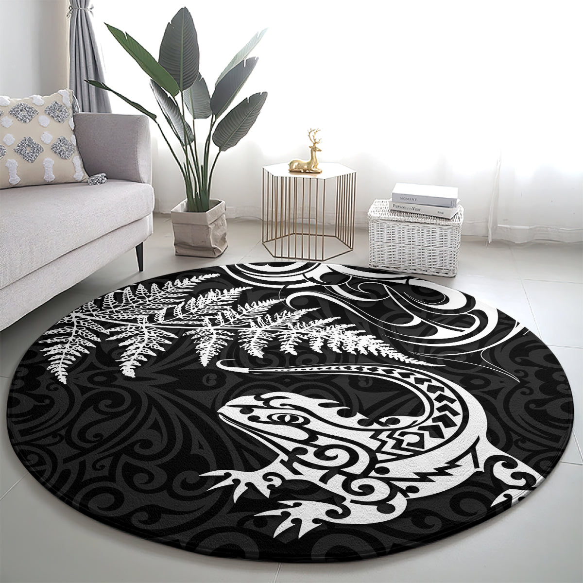 New Zealand Tuatara Tribal Tattoo Round Carpet Silver Fern and Maori Pattern Black Color LT03 - Polynesian Pride