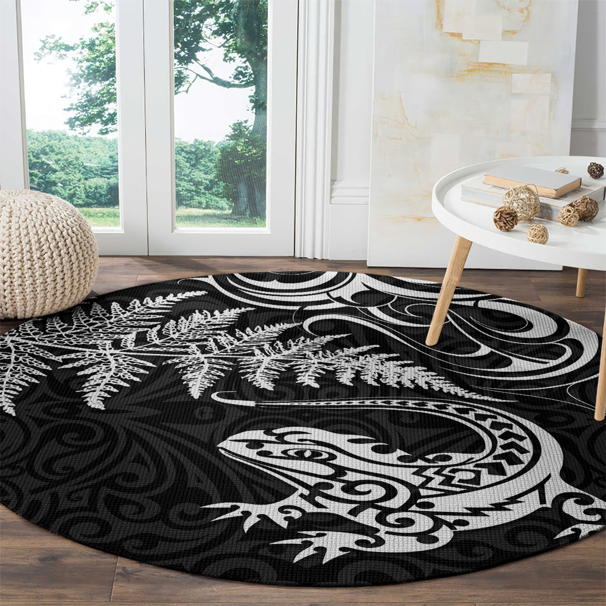 New Zealand Tuatara Tribal Tattoo Round Carpet Silver Fern and Maori Pattern Black Color LT03 - Polynesian Pride