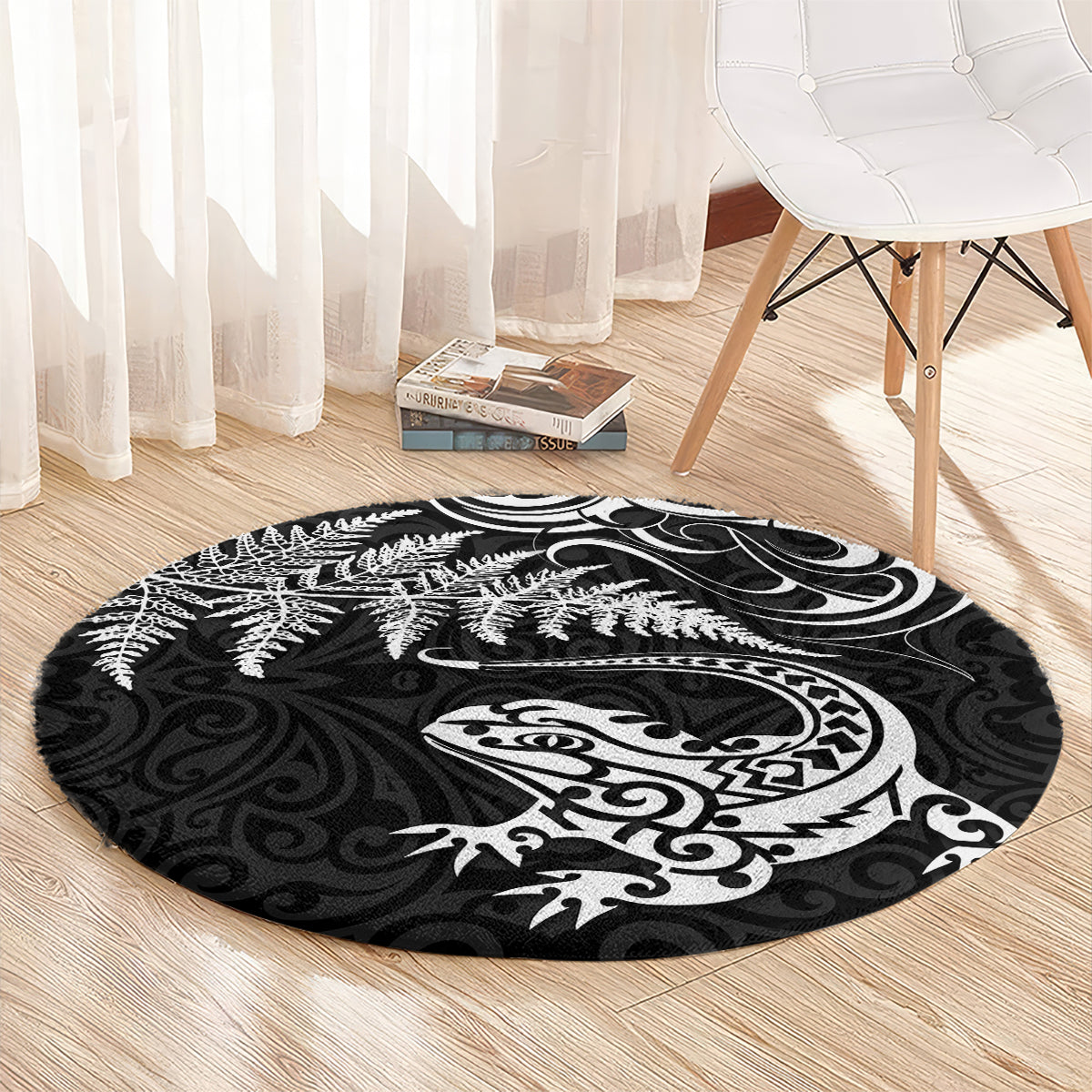 New Zealand Tuatara Tribal Tattoo Round Carpet Silver Fern and Maori Pattern Black Color LT03 - Polynesian Pride