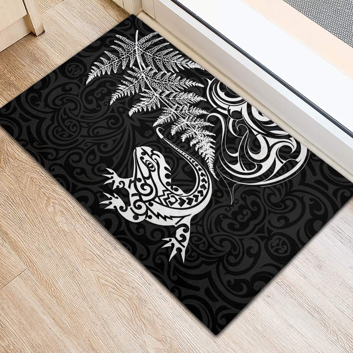 New Zealand Tuatara Tribal Tattoo Rubber Doormat Silver Fern and Maori Pattern Black Color LT03 - Polynesian Pride