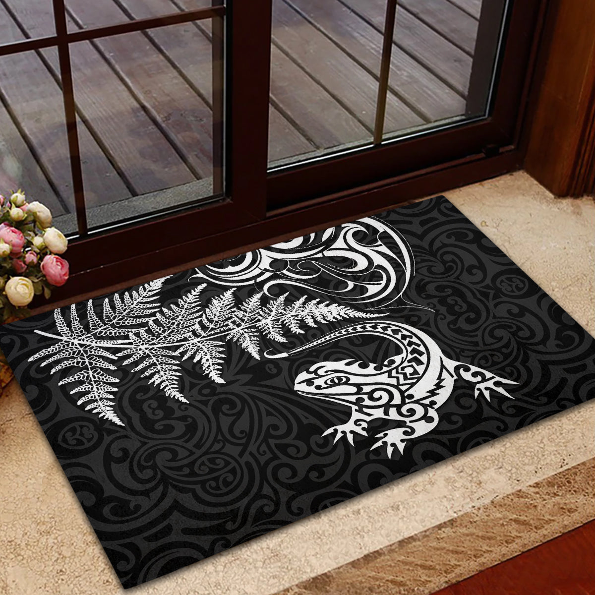 New Zealand Tuatara Tribal Tattoo Rubber Doormat Silver Fern and Maori Pattern Black Color LT03 - Polynesian Pride