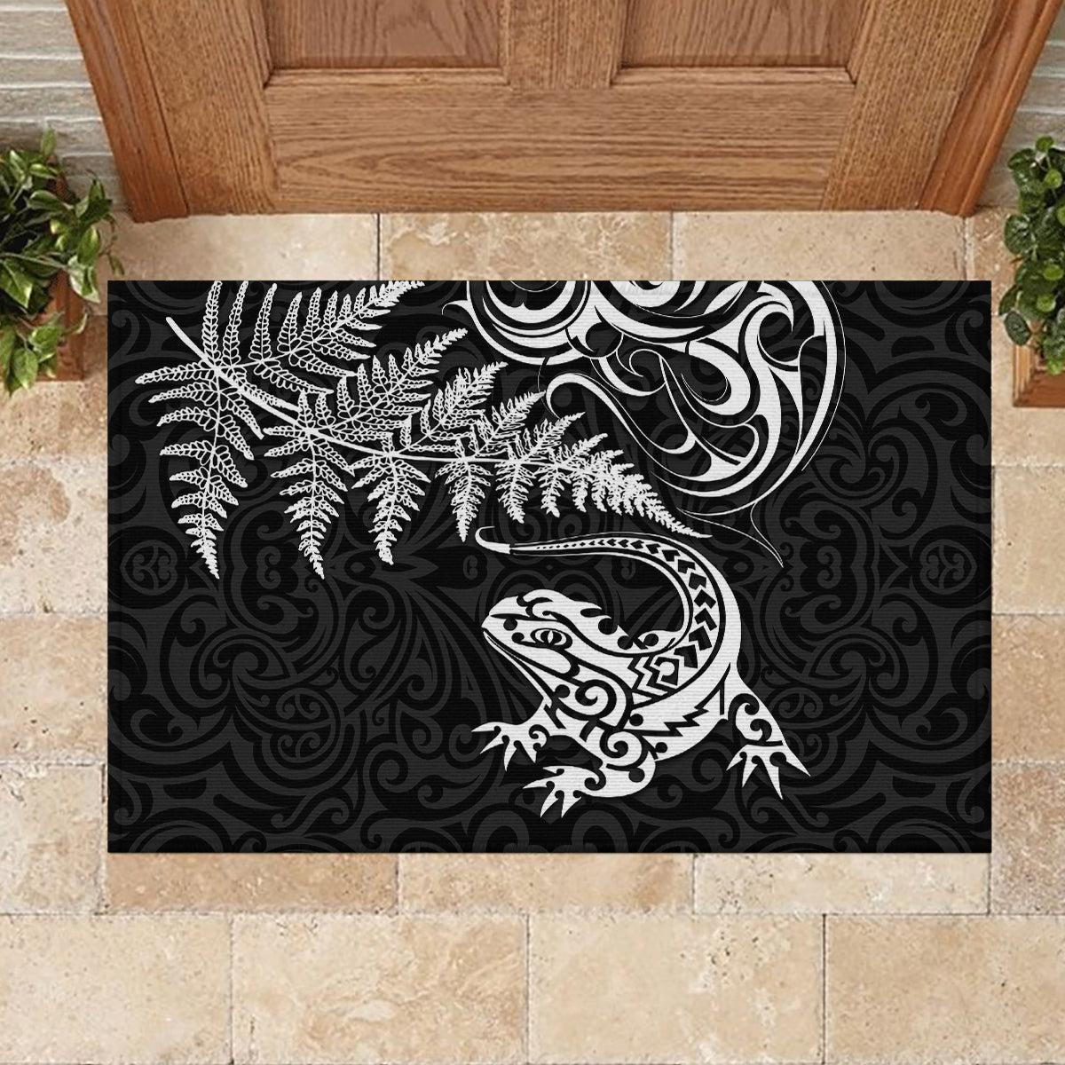New Zealand Tuatara Tribal Tattoo Rubber Doormat Silver Fern and Maori Pattern Black Color LT03 - Polynesian Pride