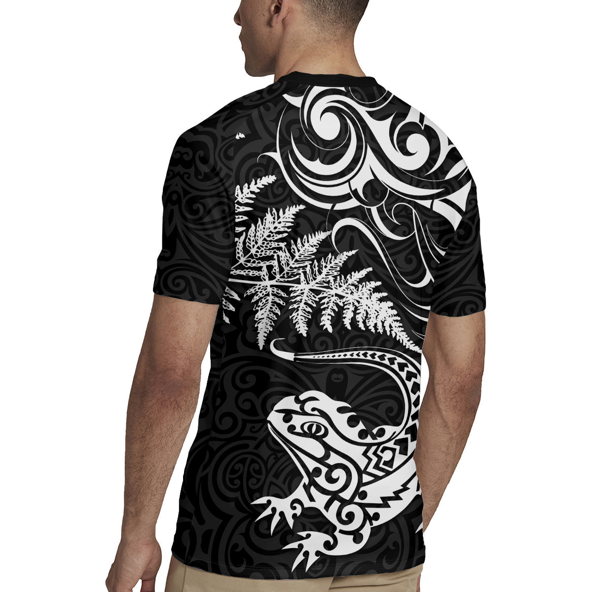 New Zealand Tuatara Tribal Tattoo Rugby Jersey Silver Fern and Maori Pattern Black Color LT03 - Polynesian Pride
