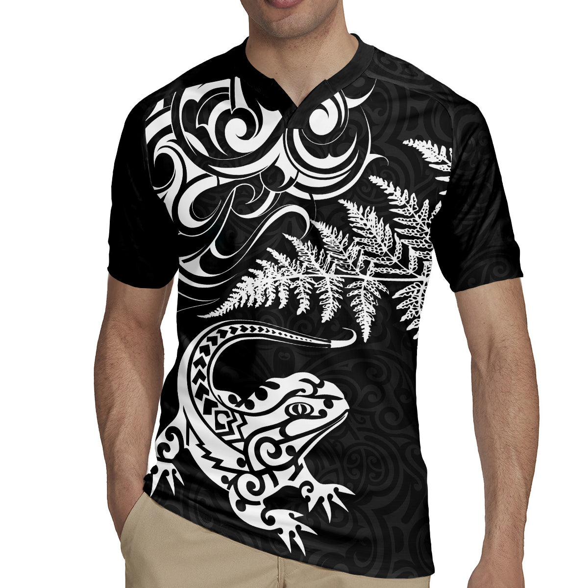 New Zealand Tuatara Tribal Tattoo Rugby Jersey Silver Fern and Maori Pattern Black Color LT03 - Polynesian Pride