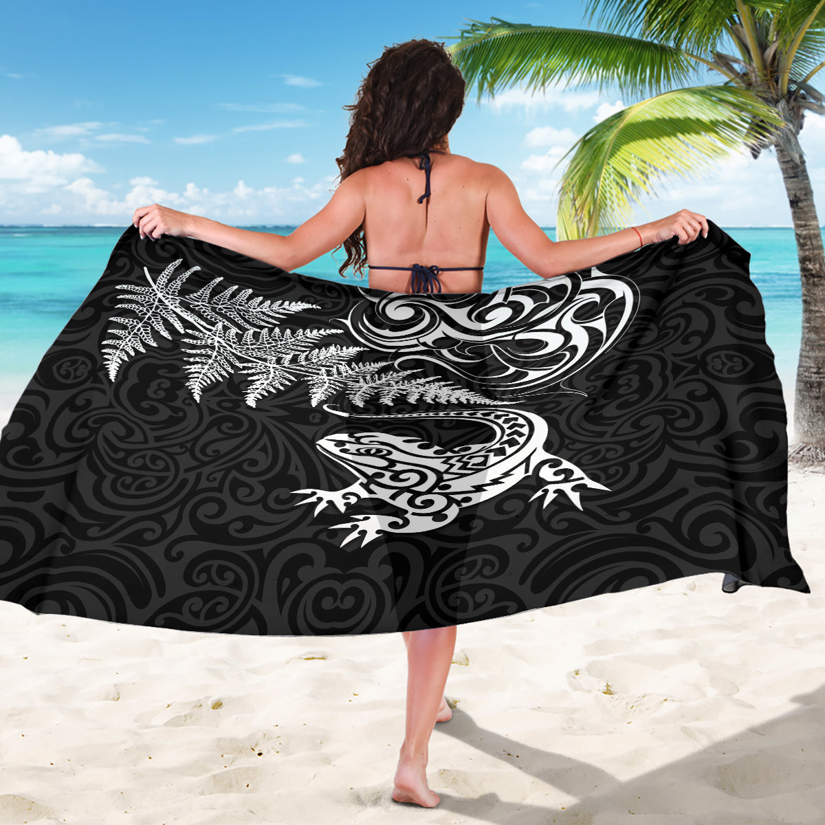 New Zealand Tuatara Tribal Tattoo Sarong Silver Fern and Maori Pattern Black Color LT03 - Polynesian Pride