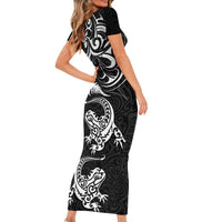 New Zealand Tuatara Tribal Tattoo Short Sleeve Bodycon Dress Silver Fern and Maori Pattern Black Color LT03 - Polynesian Pride