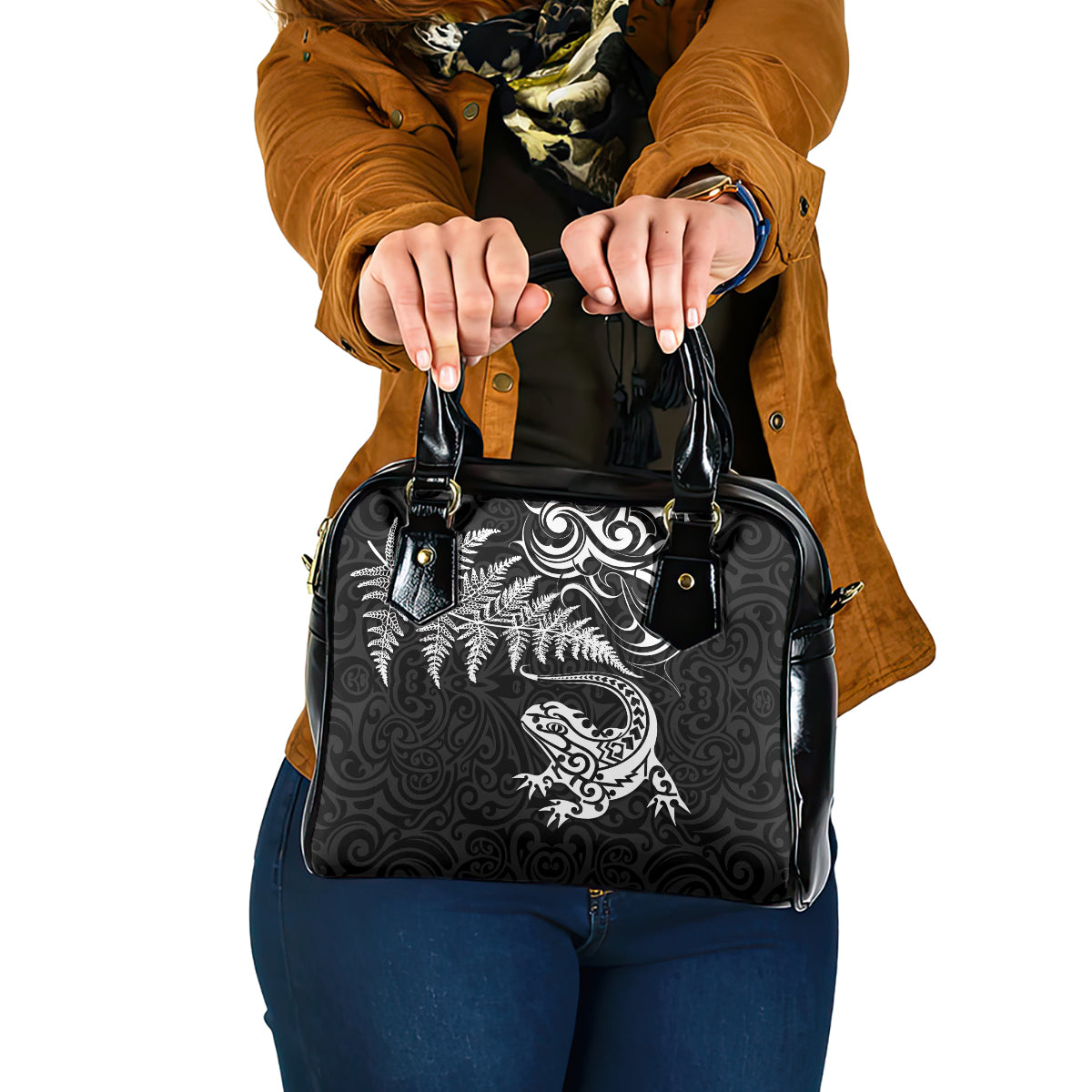 New Zealand Tuatara Tribal Tattoo Shoulder Handbag Silver Fern and Maori Pattern Black Color LT03 One Size Black - Polynesian Pride