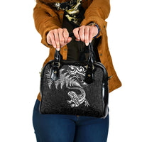 New Zealand Tuatara Tribal Tattoo Shoulder Handbag Silver Fern and Maori Pattern Black Color LT03 One Size Black - Polynesian Pride