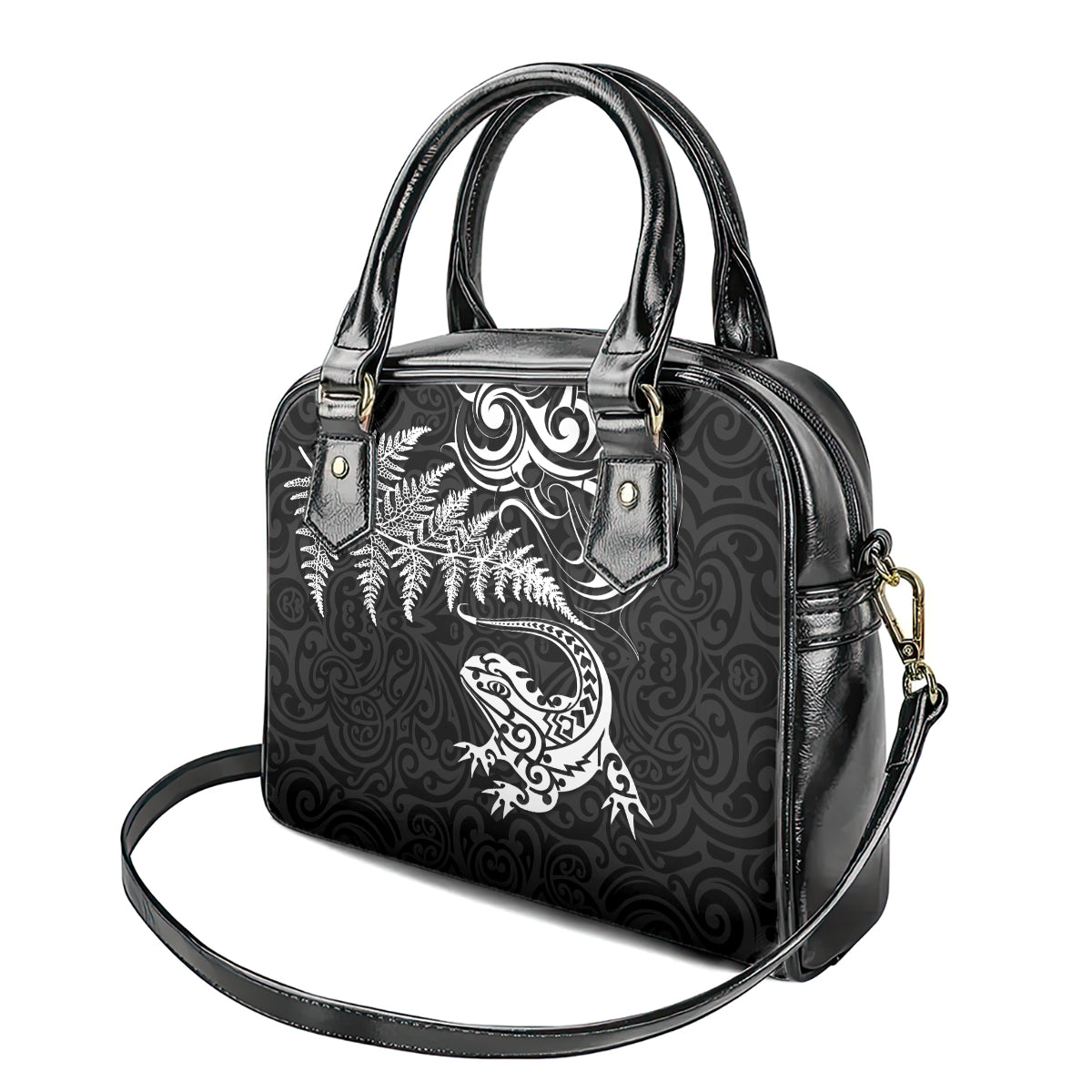 New Zealand Tuatara Tribal Tattoo Shoulder Handbag Silver Fern and Maori Pattern Black Color LT03 - Polynesian Pride