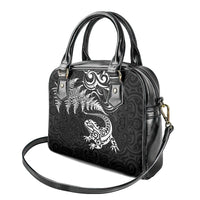 New Zealand Tuatara Tribal Tattoo Shoulder Handbag Silver Fern and Maori Pattern Black Color LT03 - Polynesian Pride