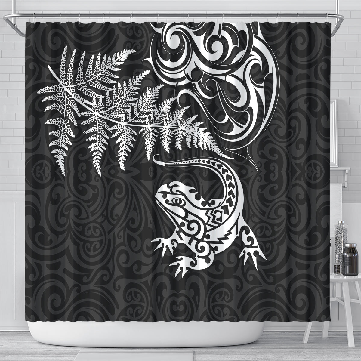 New Zealand Tuatara Tribal Tattoo Shower Curtain Silver Fern and Maori Pattern Black Color LT03 - Polynesian Pride