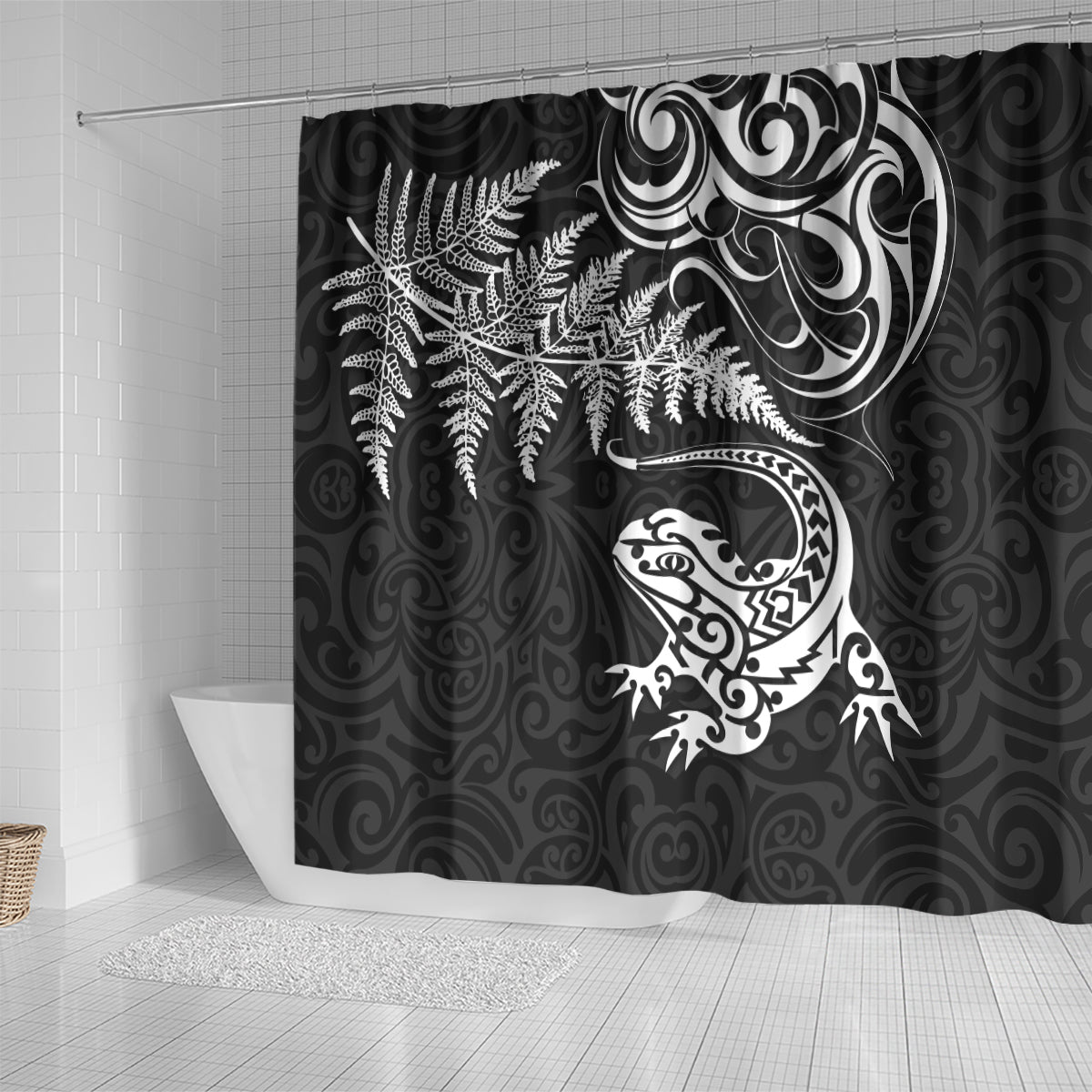 New Zealand Tuatara Tribal Tattoo Shower Curtain Silver Fern and Maori Pattern Black Color LT03 - Polynesian Pride
