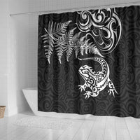 New Zealand Tuatara Tribal Tattoo Shower Curtain Silver Fern and Maori Pattern Black Color LT03 - Polynesian Pride
