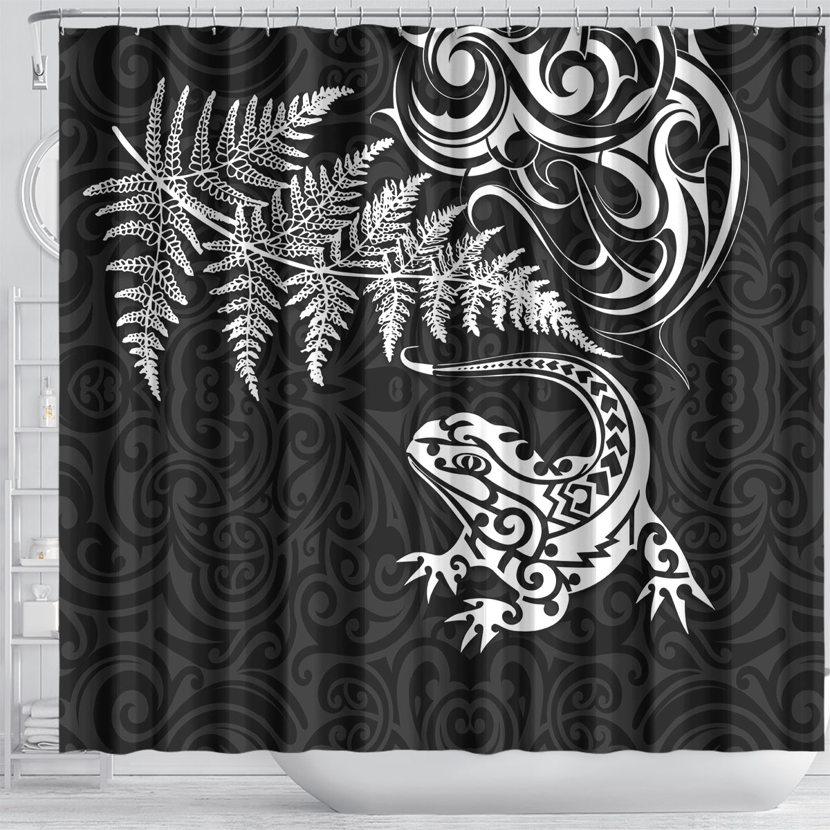 New Zealand Tuatara Tribal Tattoo Shower Curtain Silver Fern and Maori Pattern Black Color LT03 - Polynesian Pride
