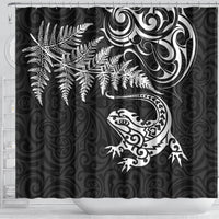 New Zealand Tuatara Tribal Tattoo Shower Curtain Silver Fern and Maori Pattern Black Color LT03 - Polynesian Pride