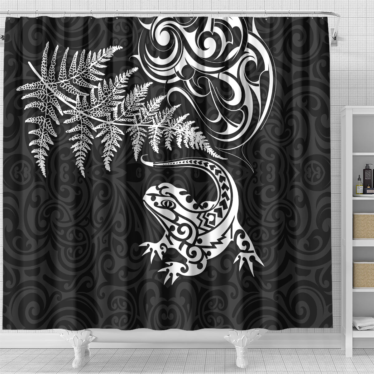 New Zealand Tuatara Tribal Tattoo Shower Curtain Silver Fern and Maori Pattern Black Color LT03 - Polynesian Pride