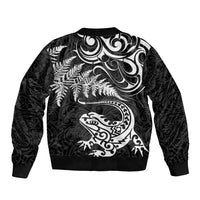 New Zealand Tuatara Tribal Tattoo Sleeve Zip Bomber Jacket Silver Fern and Maori Pattern Black Color LT03 - Polynesian Pride