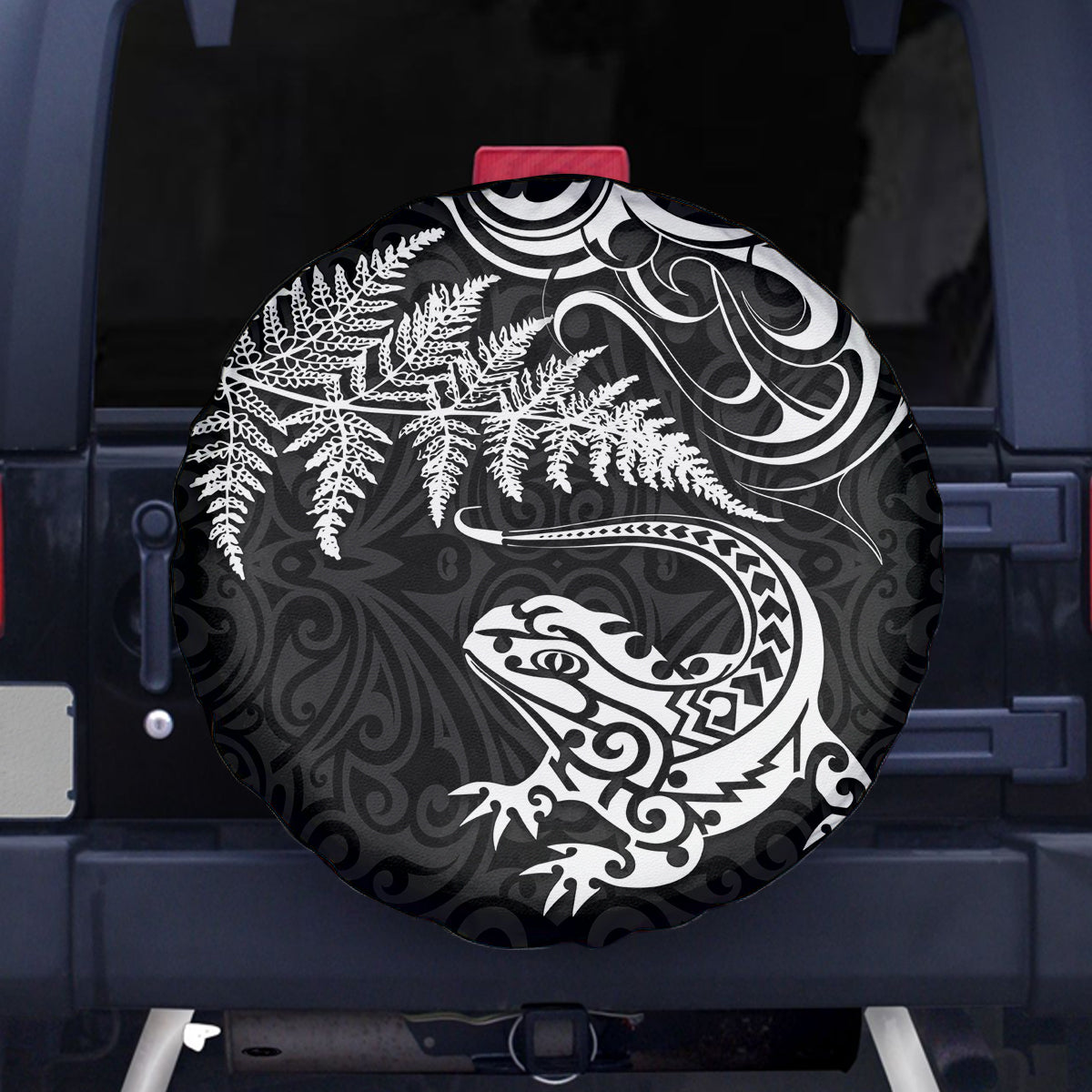 New Zealand Tuatara Tribal Tattoo Spare Tire Cover Silver Fern and Maori Pattern Black Color LT03 - Polynesian Pride