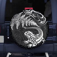 New Zealand Tuatara Tribal Tattoo Spare Tire Cover Silver Fern and Maori Pattern Black Color LT03 - Polynesian Pride
