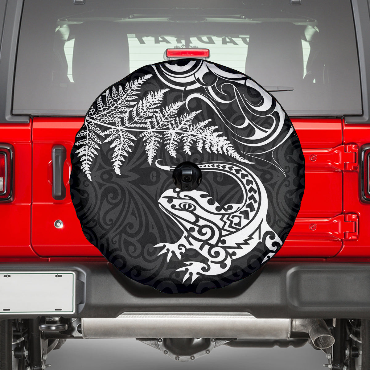 New Zealand Tuatara Tribal Tattoo Spare Tire Cover Silver Fern and Maori Pattern Black Color LT03 - Polynesian Pride