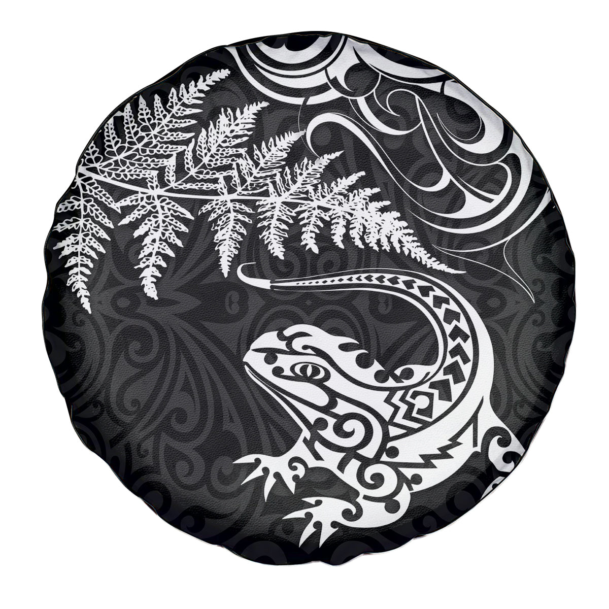 New Zealand Tuatara Tribal Tattoo Spare Tire Cover Silver Fern and Maori Pattern Black Color LT03 - Polynesian Pride