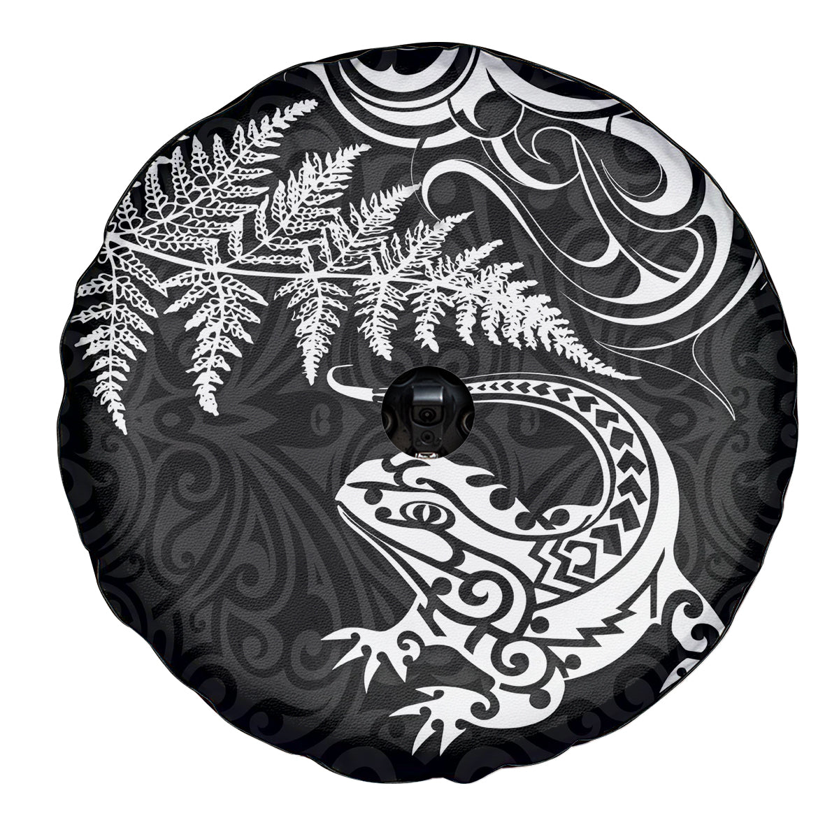 New Zealand Tuatara Tribal Tattoo Spare Tire Cover Silver Fern and Maori Pattern Black Color LT03 - Polynesian Pride