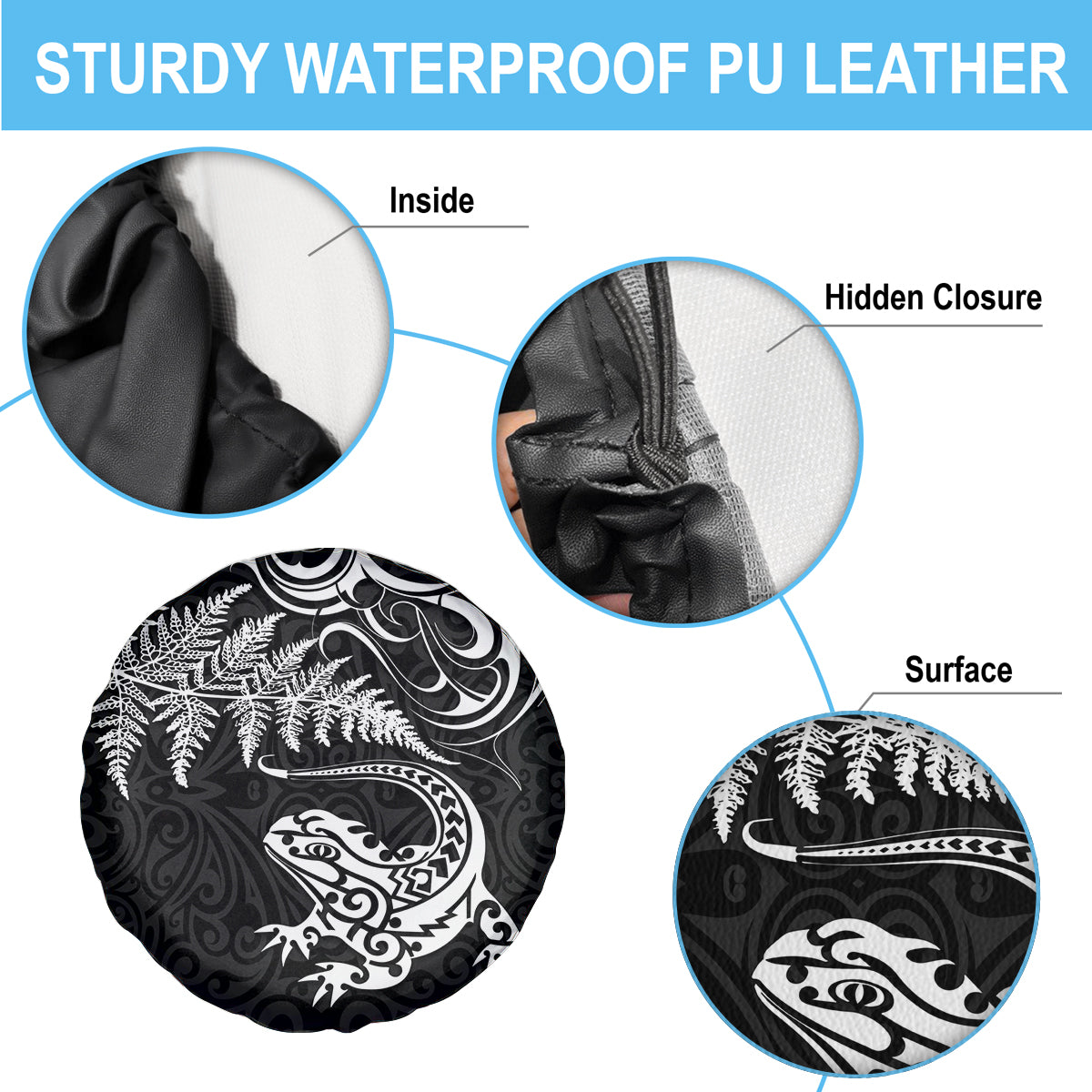 New Zealand Tuatara Tribal Tattoo Spare Tire Cover Silver Fern and Maori Pattern Black Color LT03 - Polynesian Pride