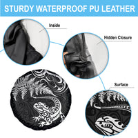 New Zealand Tuatara Tribal Tattoo Spare Tire Cover Silver Fern and Maori Pattern Black Color LT03 - Polynesian Pride