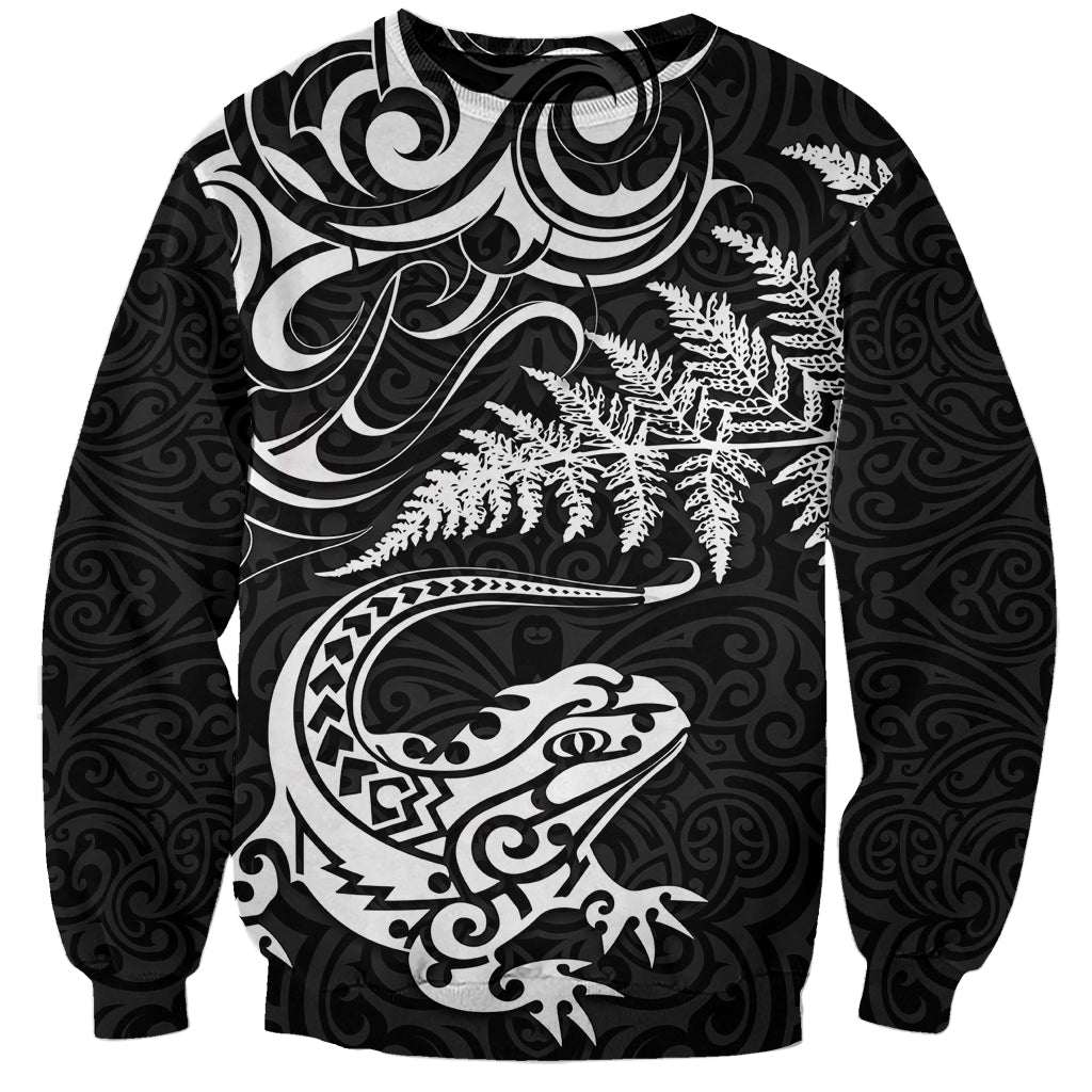 New Zealand Tuatara Tribal Tattoo Sweatshirt Silver Fern and Maori Pattern Black Color LT03 Unisex Black - Polynesian Pride