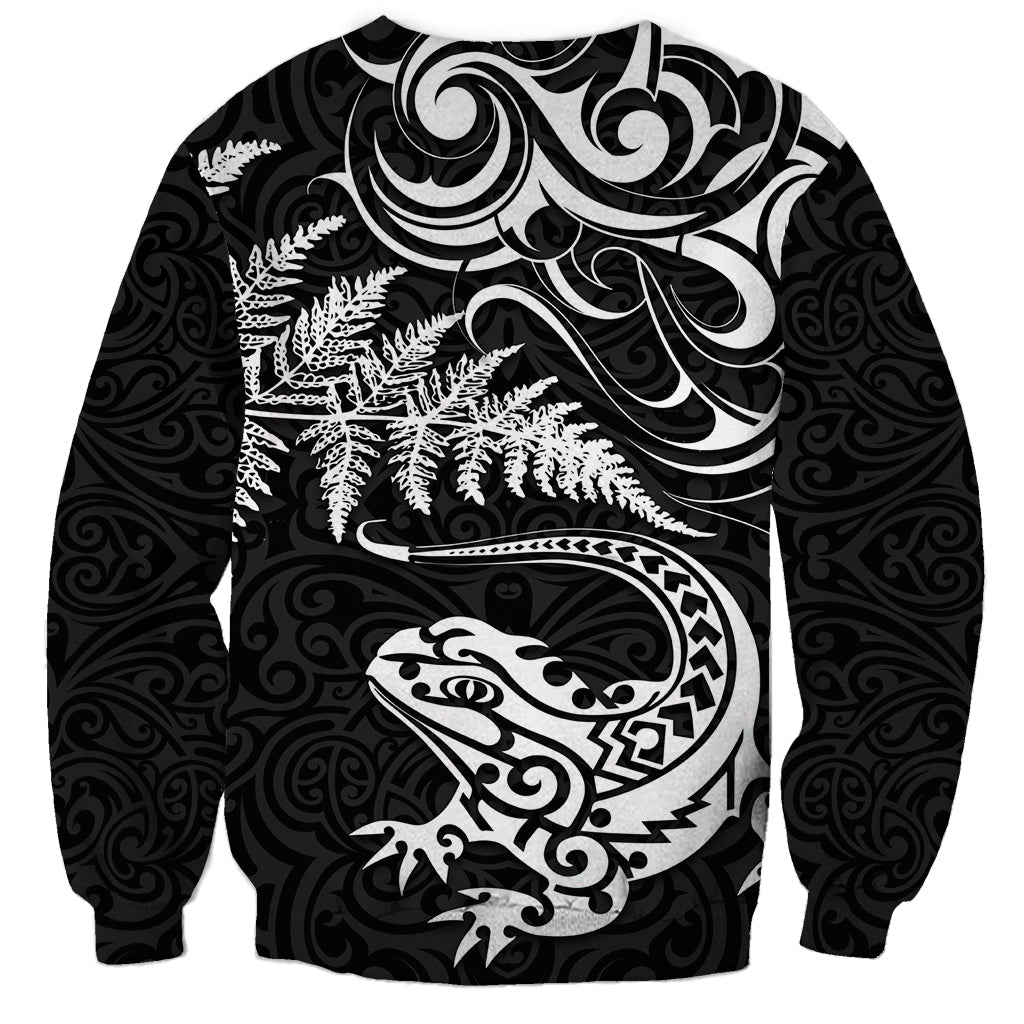 New Zealand Tuatara Tribal Tattoo Sweatshirt Silver Fern and Maori Pattern Black Color LT03 - Polynesian Pride