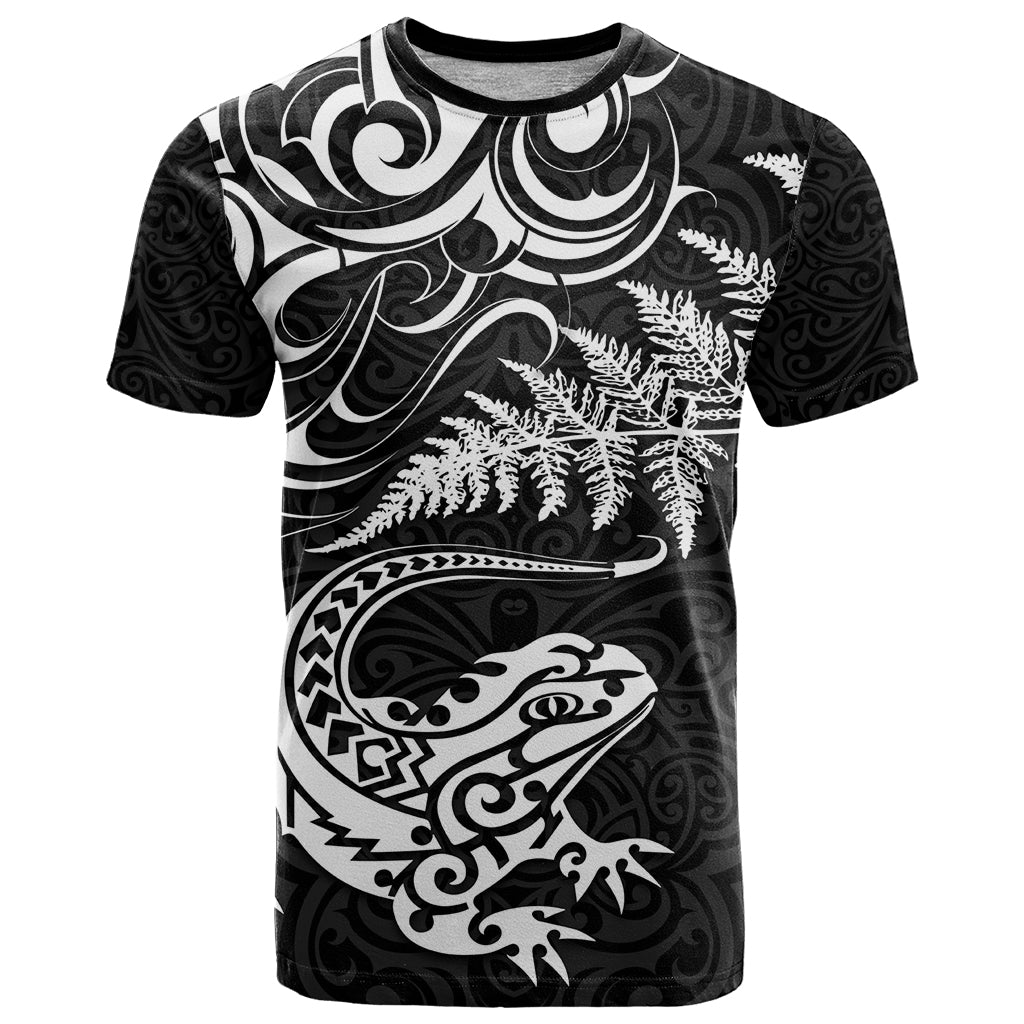 New Zealand Tuatara Tribal Tattoo T Shirt Silver Fern and Maori Pattern Black Color LT03 Black - Polynesian Pride