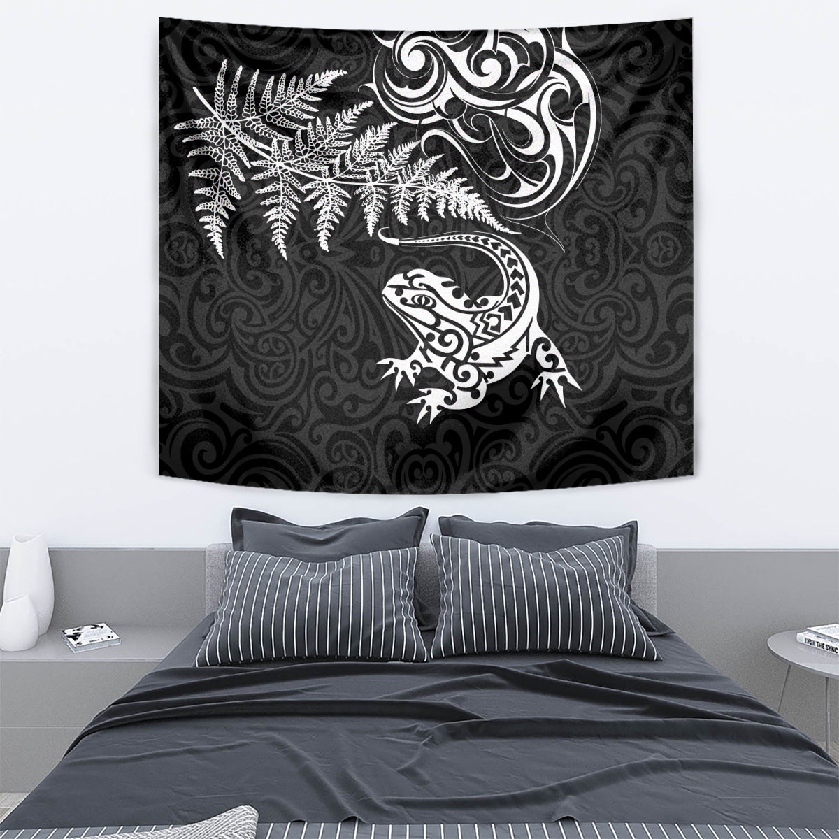 New Zealand Tuatara Tribal Tattoo Tapestry Silver Fern and Maori Pattern Black Color LT03 - Polynesian Pride