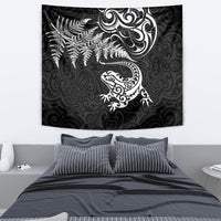 New Zealand Tuatara Tribal Tattoo Tapestry Silver Fern and Maori Pattern Black Color LT03 - Polynesian Pride