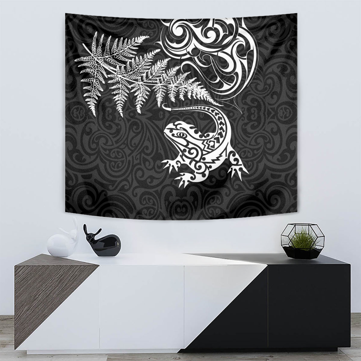 New Zealand Tuatara Tribal Tattoo Tapestry Silver Fern and Maori Pattern Black Color LT03 - Polynesian Pride