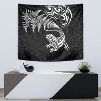 New Zealand Tuatara Tribal Tattoo Tapestry Silver Fern and Maori Pattern Black Color LT03 - Polynesian Pride