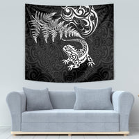 New Zealand Tuatara Tribal Tattoo Tapestry Silver Fern and Maori Pattern Black Color LT03 - Polynesian Pride