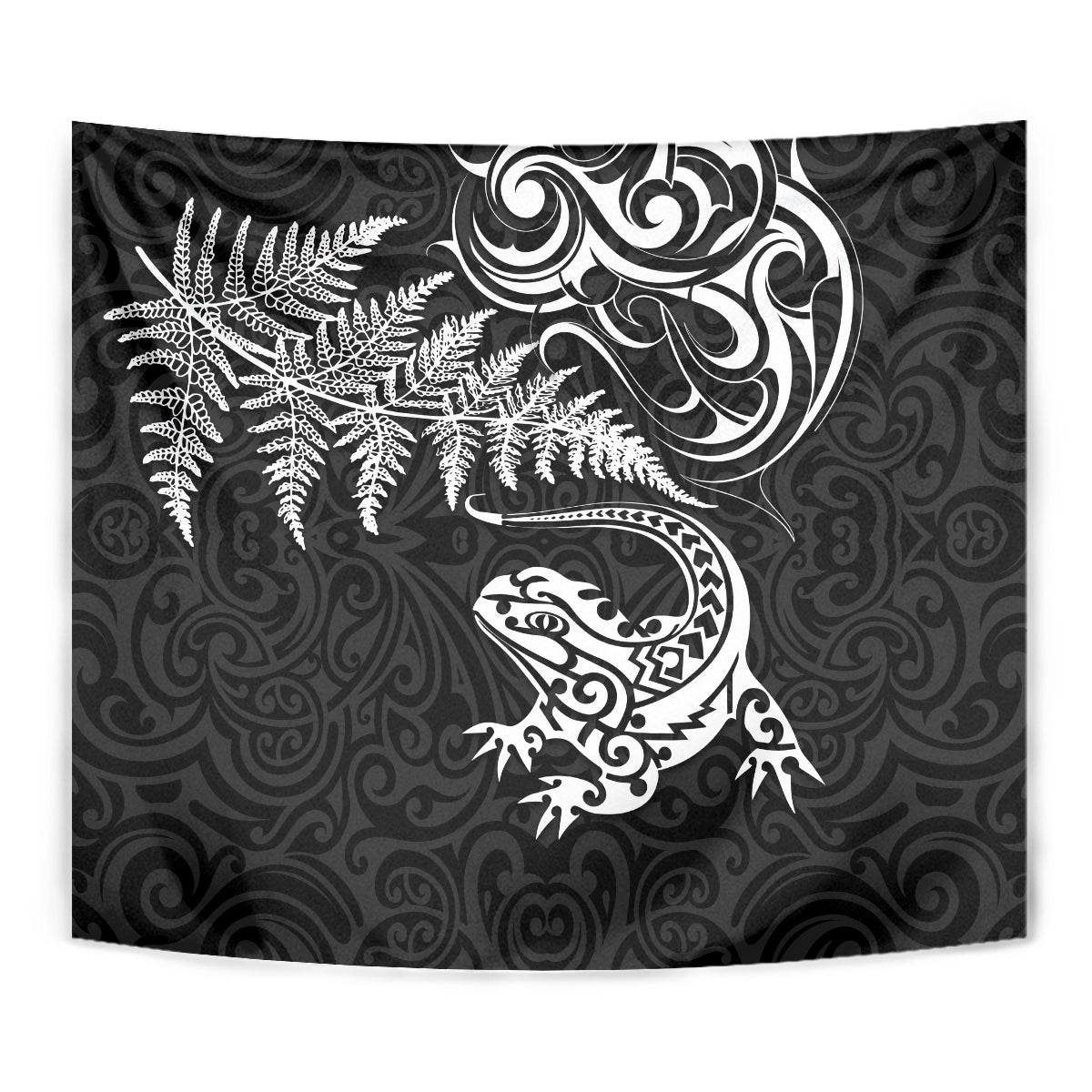 New Zealand Tuatara Tribal Tattoo Tapestry Silver Fern and Maori Pattern Black Color LT03 - Polynesian Pride