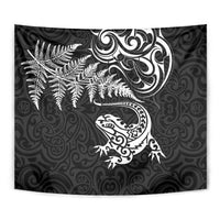 New Zealand Tuatara Tribal Tattoo Tapestry Silver Fern and Maori Pattern Black Color LT03 - Polynesian Pride