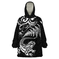 New Zealand Tuatara Tribal Tattoo Wearable Blanket Hoodie Silver Fern and Maori Pattern Black Color LT03 One Size Black - Polynesian Pride