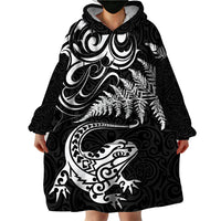 New Zealand Tuatara Tribal Tattoo Wearable Blanket Hoodie Silver Fern and Maori Pattern Black Color LT03 - Polynesian Pride
