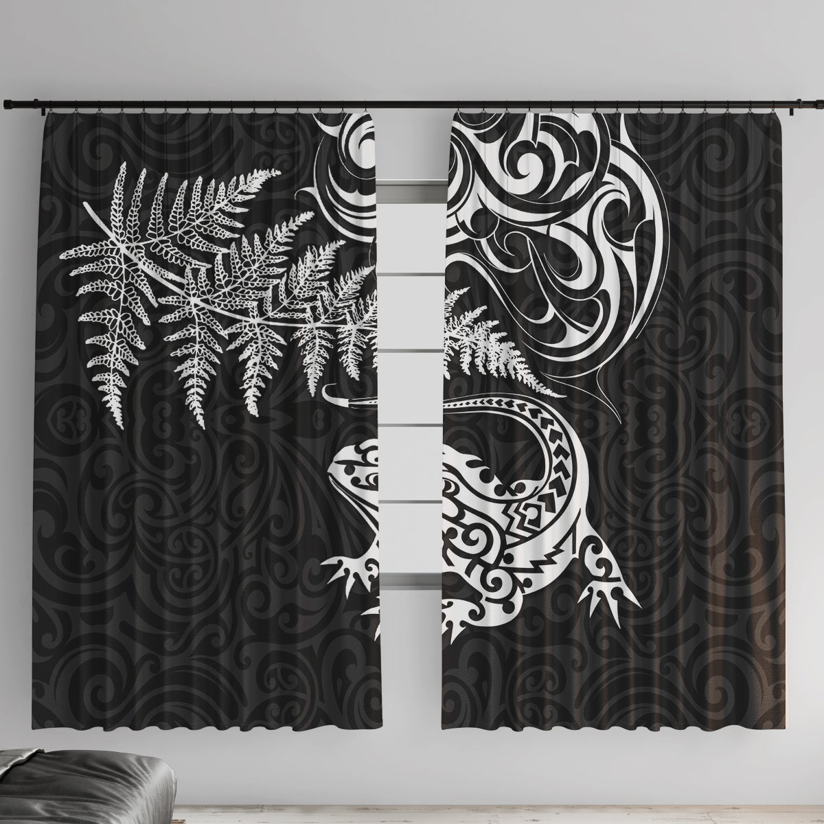 New Zealand Tuatara Tribal Tattoo Window Curtain Silver Fern and Maori Pattern Black Color LT03 With Hooks Black - Polynesian Pride