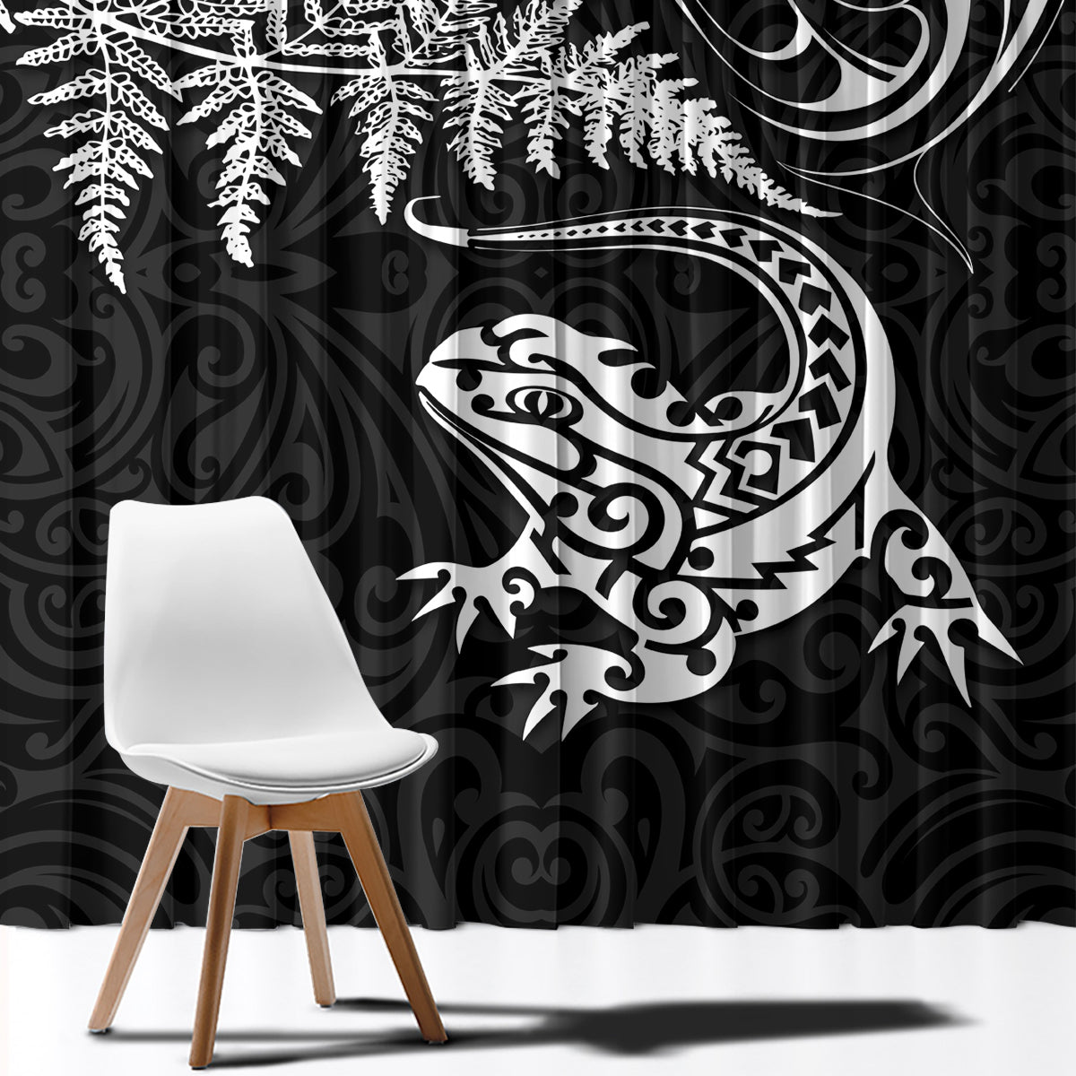 New Zealand Tuatara Tribal Tattoo Window Curtain Silver Fern and Maori Pattern Black Color LT03 - Polynesian Pride