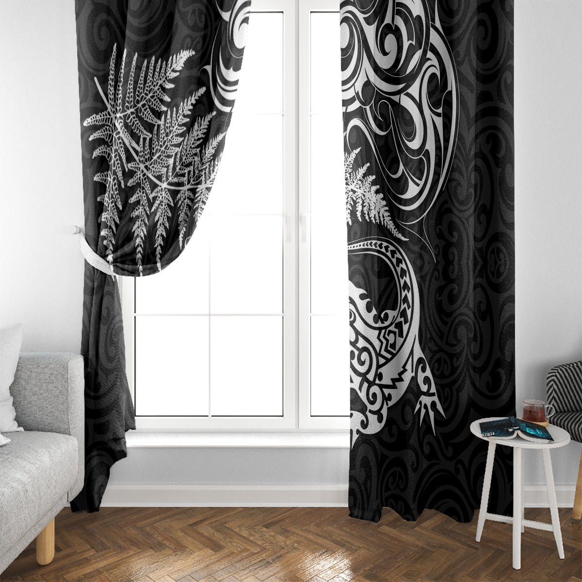 New Zealand Tuatara Tribal Tattoo Window Curtain Silver Fern and Maori Pattern Black Color LT03 - Polynesian Pride