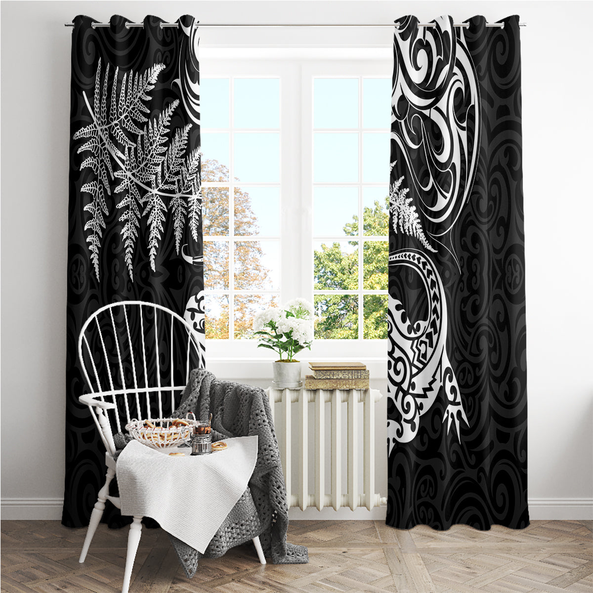 New Zealand Tuatara Tribal Tattoo Window Curtain Silver Fern and Maori Pattern Black Color LT03 - Polynesian Pride